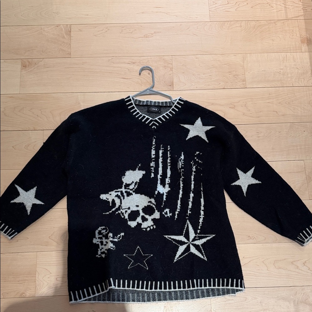 Cider Black & White Star & Skull V-Neck Sweater